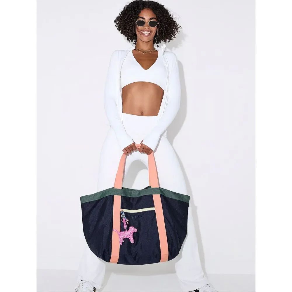 NWT Victoria’s Secret PINK Weekender Canvas Travel Beach Navy Coral Tote Bag